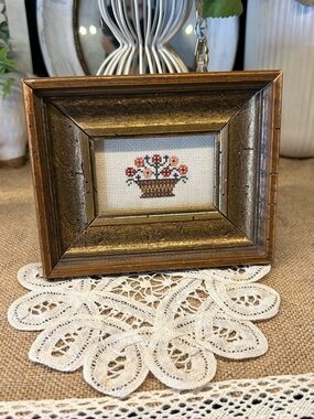 VTG Miniature Framed Cross Stitch Floral Flower Basket Handmade Needlepoint Art